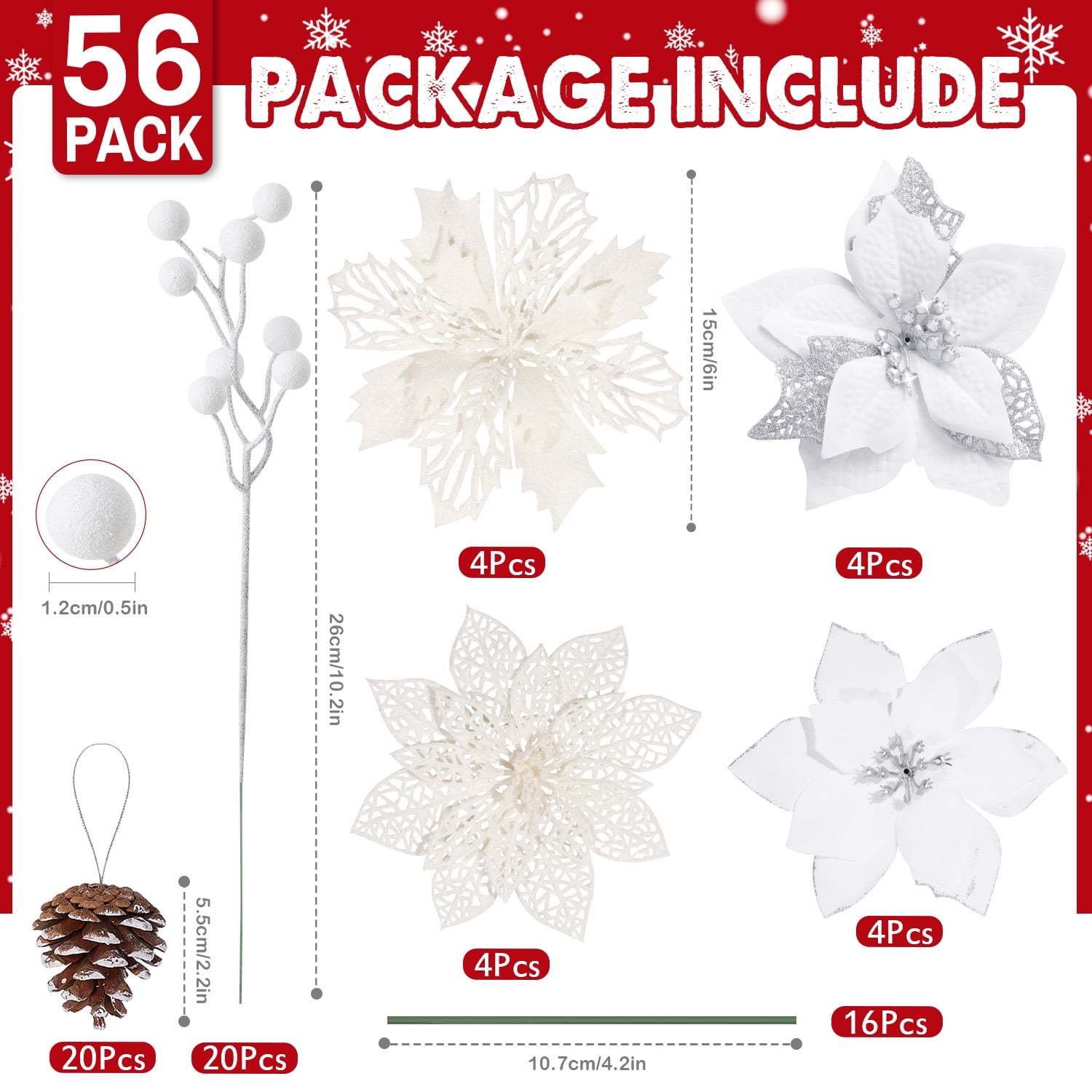 Ayieyill 56Pcs Poinsettia Christmas Flowers Decorations Christmas flower ornaments White Christmas Flowers Christmas Pine Cones Christmas Tree Ornaments Christmas Tree Decorations