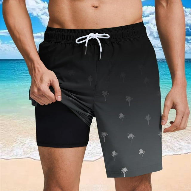 Xysaqa Mens Swimming Trunks Board Shorts with Compression Liner Gradient Palm Tree Print Swimsuit Swim Shorts Bathing Suits Casual Beach Short Pants with Pockets S-3X Clearance
