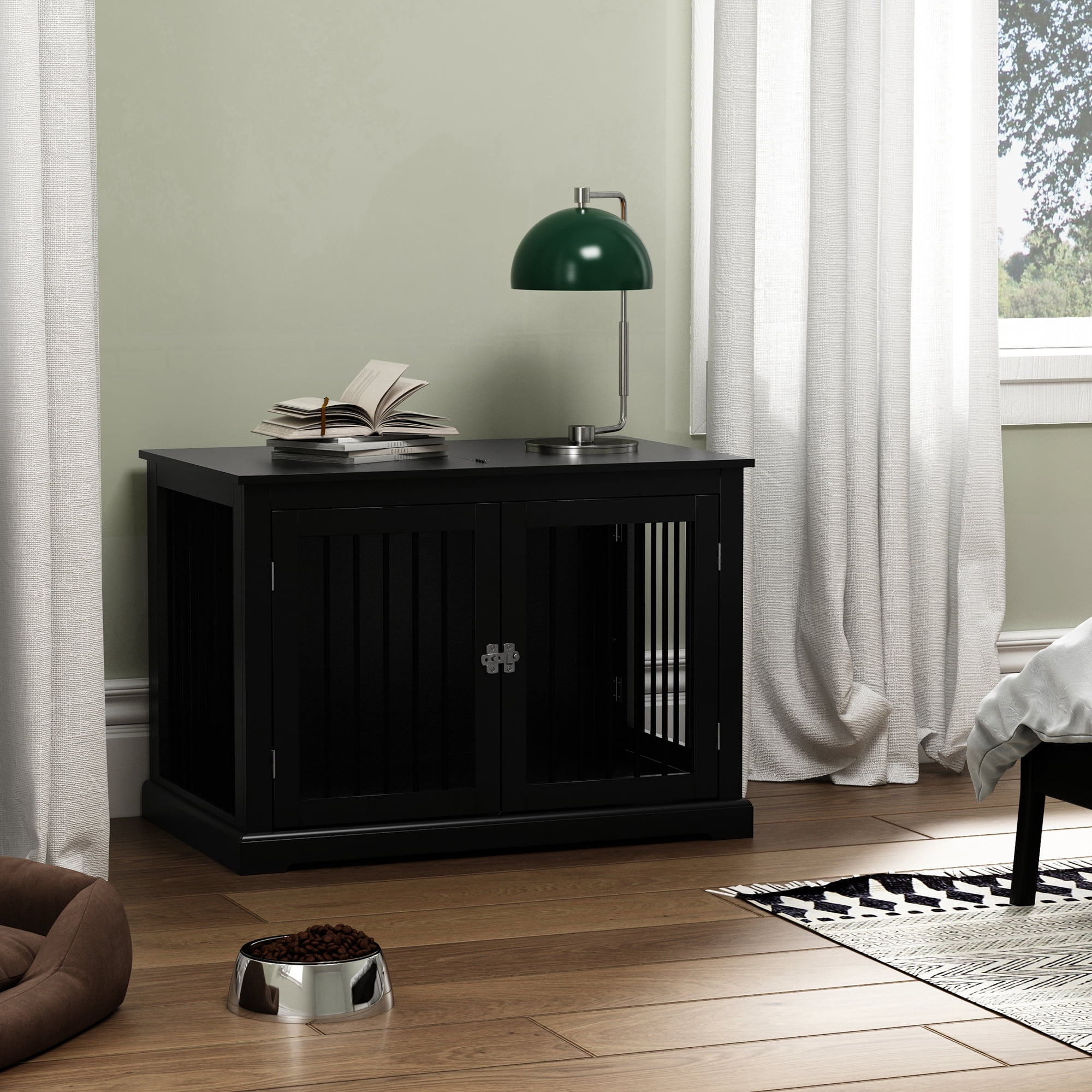 Furniture Style Dog Crate with Cushion, Dog Kennel Medium, Pet Crates, Dog Cage for Small and Medium Dogs, Decorative Dog Kennel with Flip-top Plate, Chew-Proof Metal Bars, Black