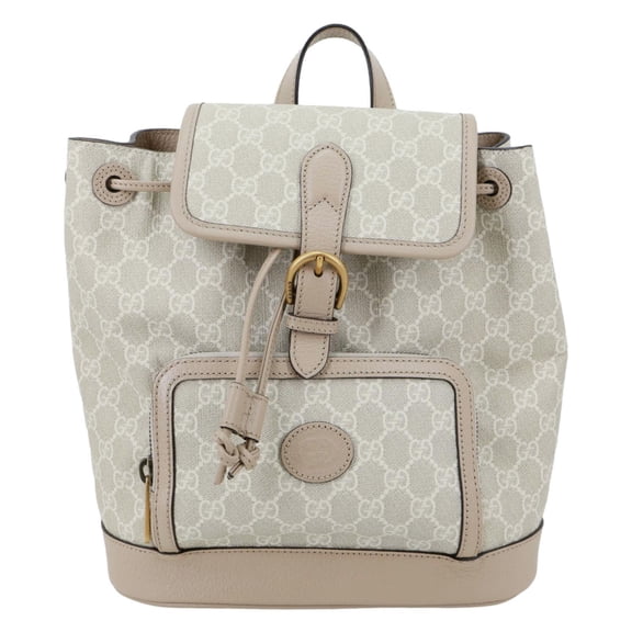 Pre-Owned Gucci Flap Interlocking G Patch GG Supreme Canvas Drawstring Backpack Off White 674147