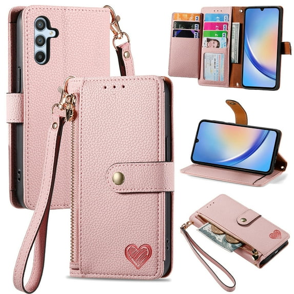 Wallet Case for Samsung Galaxy A13 5G Women Men, Durable PU Leather Magnetic Flip Lanyard Strap Wristlet Zipper Card Holder Kickstand Wallet Phone Case Cover Full Body Protection, Pink