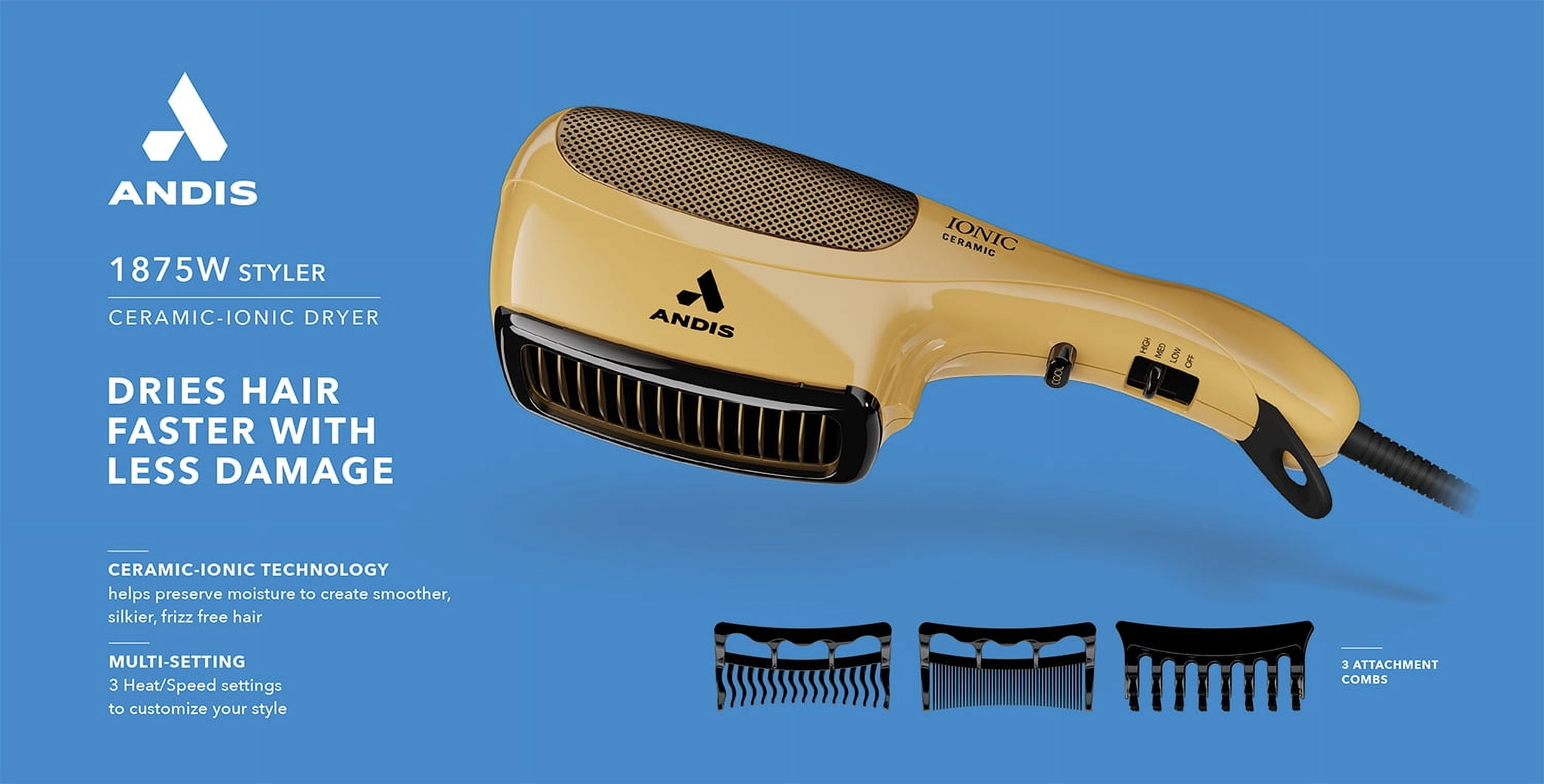 Andis Ceramic Ionic Hair Dryer with Bristle Brush, Fine-Tooth & Wide-Tooth Pick, 1875 Watts, Gold