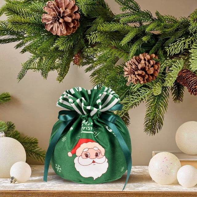 Velvet Christmas Drawstring Gift Bags Reusable Holiday Party Favor Packaging with Santa Print for Candy Treats Stocking Stuffers Xmas Decoration