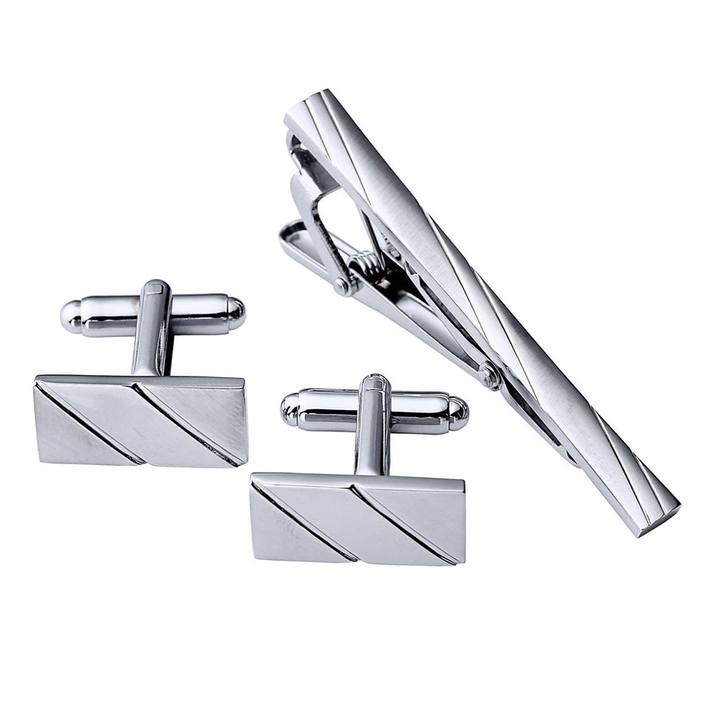 Mens Groom Wedding cufflinks and Tie Clip Pin Clasp Bar Set Silver Simple Gift Jewerly Accessory Styling Elegant Cufflink Style Designer Cufflinks Popular 