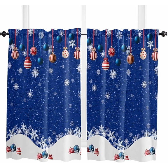 Christmas Green Kitchen Curtain 84 Inch Length Window Curtains and Drapes for Cafe/Living Room, Winter White Snowflakes Xmas Balls Window Treatment Rod Pocket Drapery Panels Curtains, 42x84