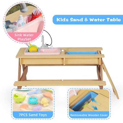 HappyToysWorldWooden Kids Picnic Table with Umbrella, 3-in-1 Sand and Water Table, Outdoor Activity Center for Backyard Patio