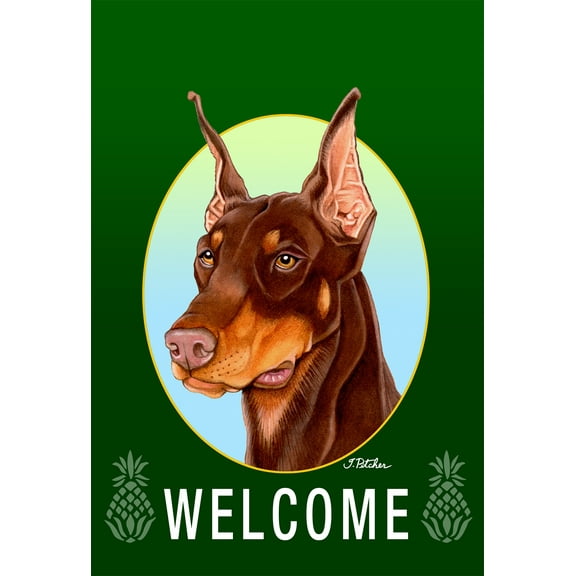 Doberman Red Cropped - Best of Breed Welcome Pineapples Garden Flags. Flag is 12" x 17"