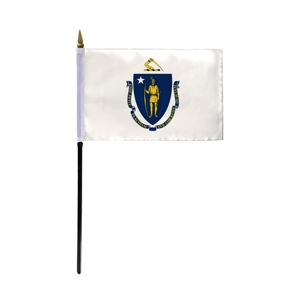 AGAS Massachusetts Stick Flag 4x6 Inch with 11 inch Plastic Pole - Printed Polyester - State of Massachusetts Small Flag on Stick