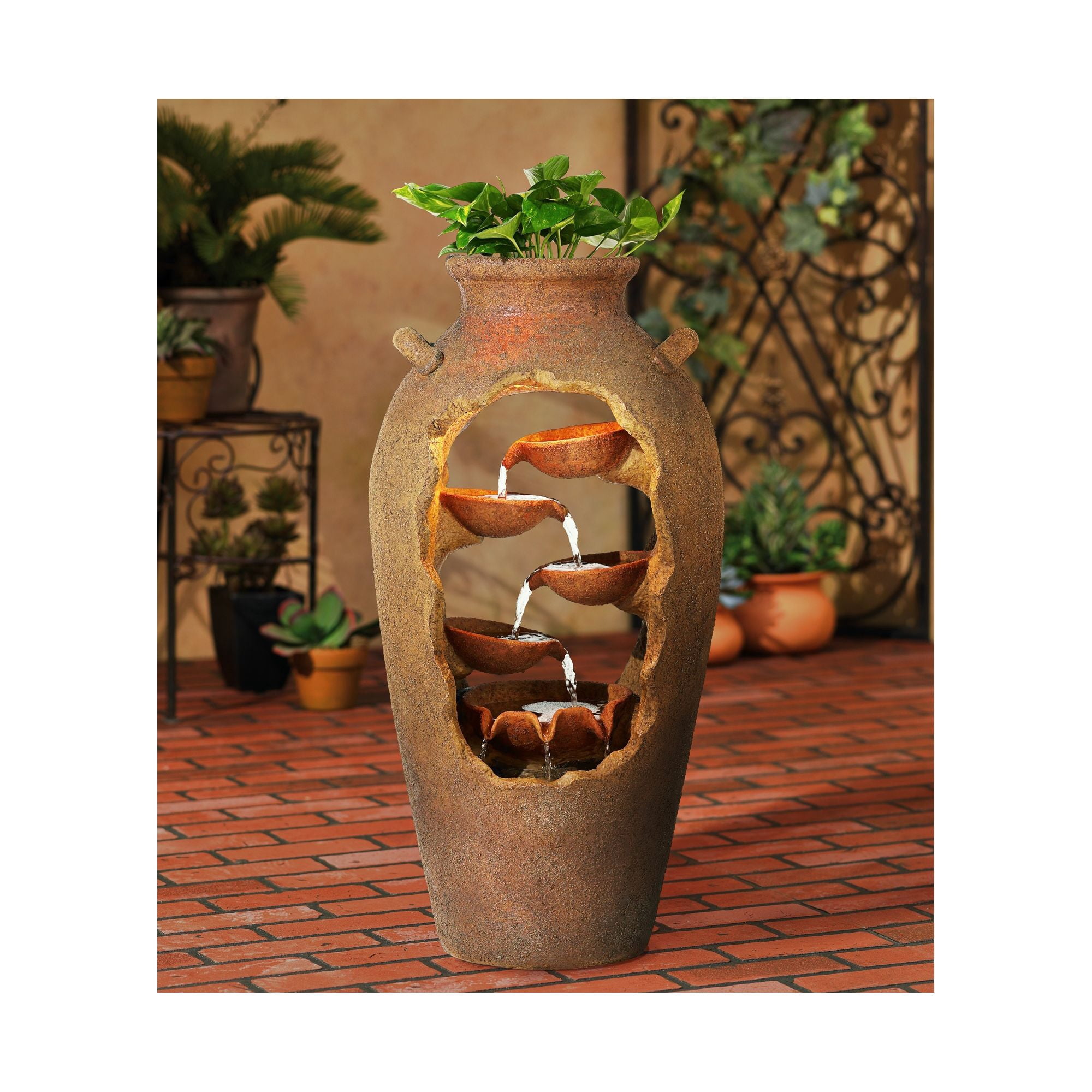 Nathan Cascade 33" High Large Rustic Outdoor Decor Faux Stone Floor Fountain with Light LED Urn with Planter