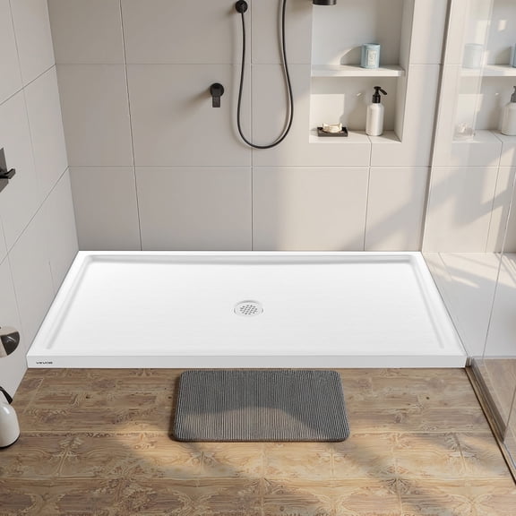 VEVOR Shower Pan, 60″ L x 32″ W Single Threshold Shower Base,Rectangle Acrylic & PVC Showering Base in White,Slip-Resistant Showering Pan Bases with Drain & Cover for Bathroom,Center Drain Location