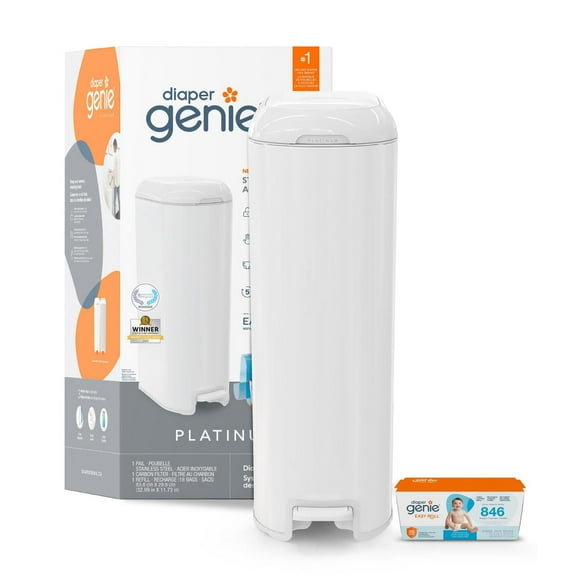 Diaper Genie Platinum Diaper Pail, Lily White, Stainless Steel, Foot Pedal, Odour Control
