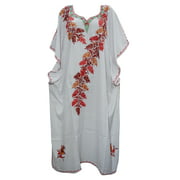 Mogul Women's Kaftans Embroidered White Kashmiri Kimono Sleeve Caftan Dress XXL