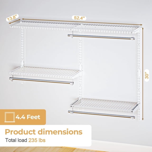 Wire Closet Organizer System, Wall Mounted 4.4 Ft. Custom Closet Kit for Bedrooms, Adjustable Storage Shelves for Clothes, Shoes, and Handbags