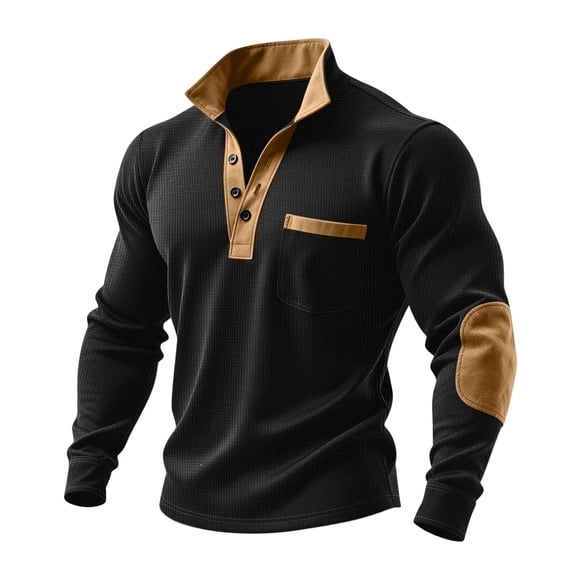 Men's Ribbed Shirt Long Sleeve Quarter Button Mock Collar Pullover Top with Pockets Black 3XL
