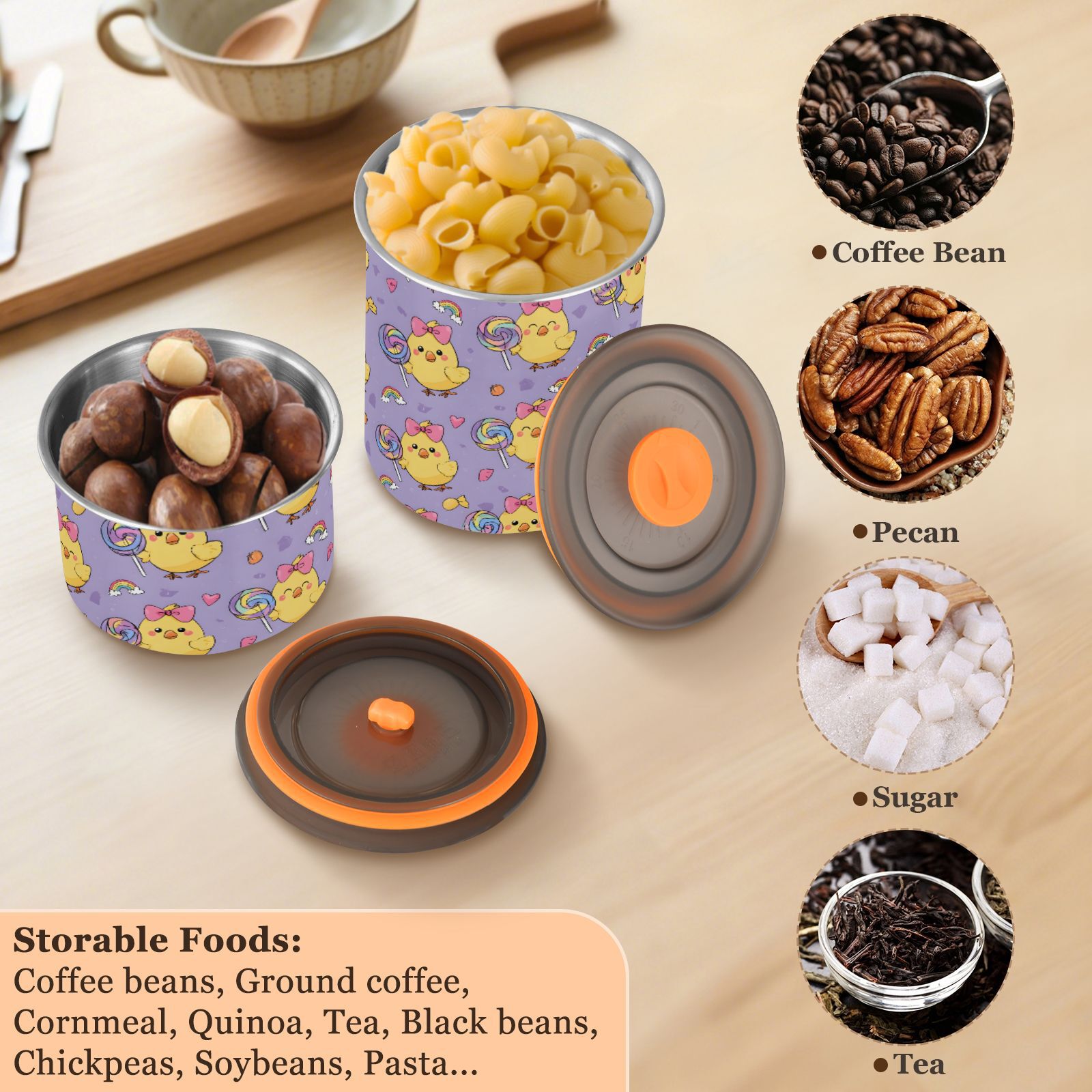 Duck Lollipop Airtight Coffee Bean Canister 30oz Food Storage Containers with Lids For Gournd, Tea, Sugar, Flour, Rice, Cereal, Candy Cookie Jar