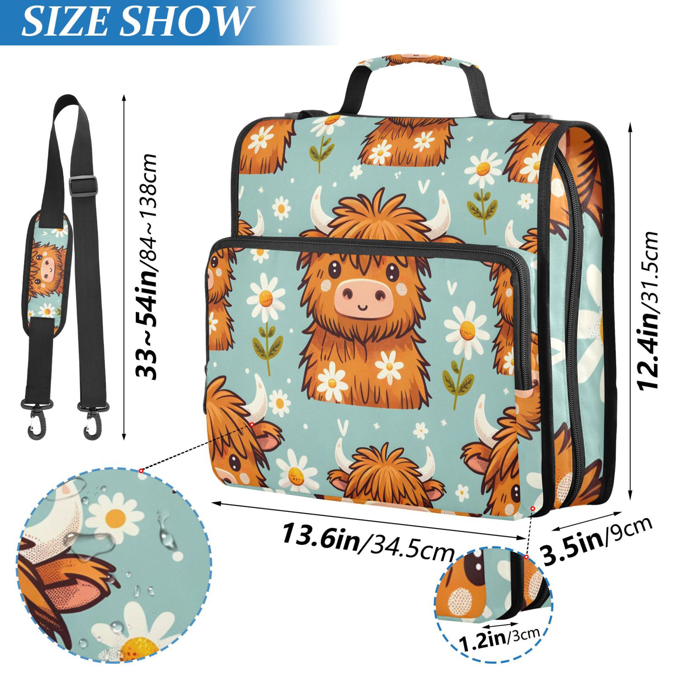ALAZA Zipper Binder Cute Cow with Daisy 3 Ring Trapper Keeper File Folder Organizer Bag