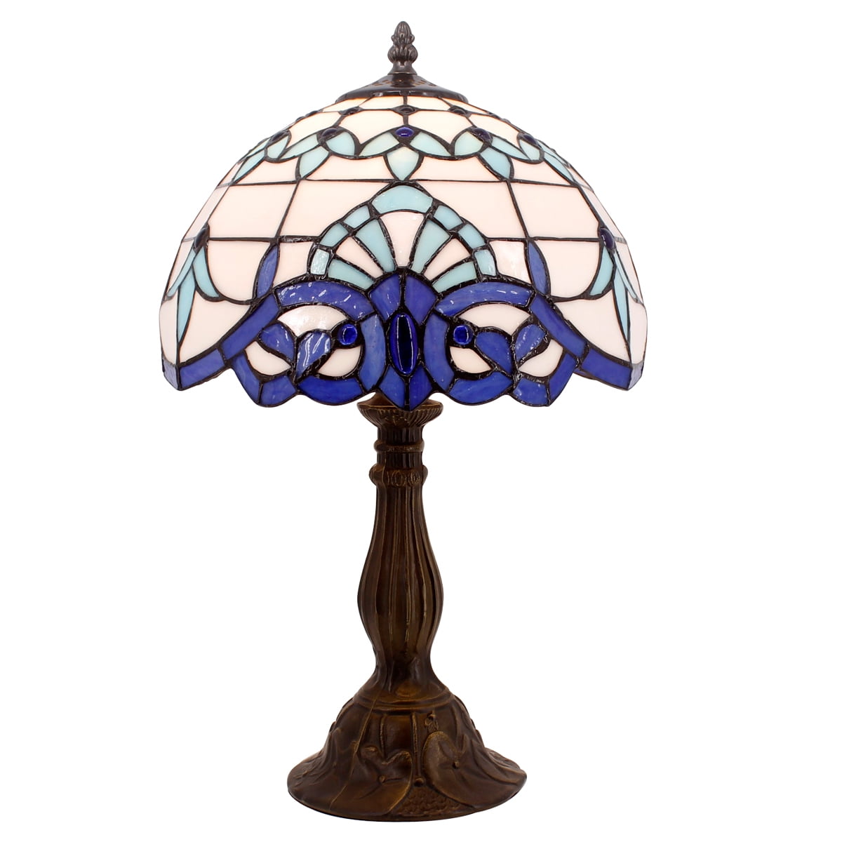 Tiffany Table Lamp Bedside Navy Blue Baroque Stained Glass Style Desk Reading Light 18" Inch Tall Living Bedroom Vintage Memory Sympathy Library Banker Boho Victorian Type