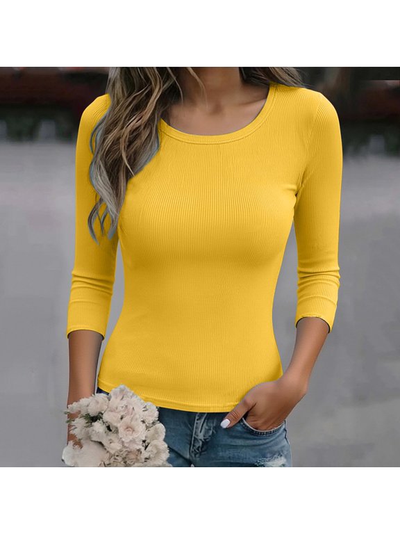 Womens Spring and Summer Pure Color Stripes High Elastic Long Sleeved Undershirt Top
