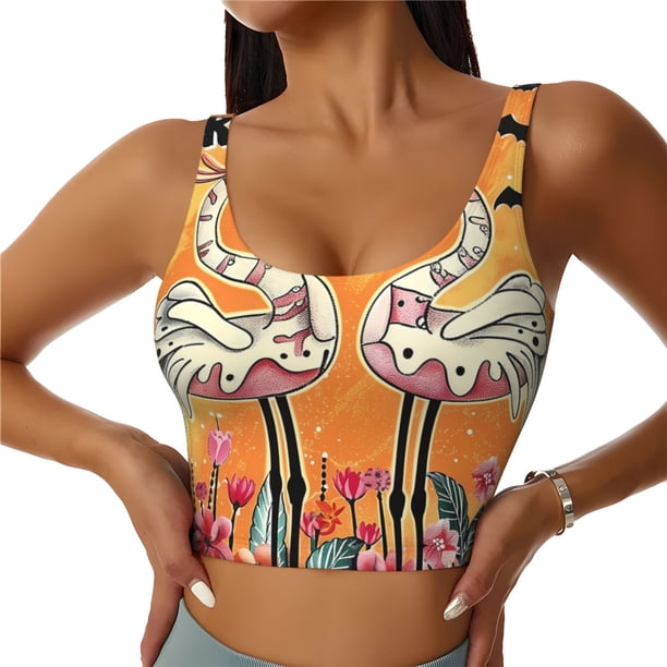 Balery Halloween Flamingos Sujetadores deportivos con espalda cruzada para mujer, acolchados, sin costuras, de alto impacto, ideales para yoga, gimnasio, entrenamiento y fitness.-Medium