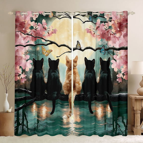 Manfei Cartoon Cat Blackout Curtains, Tokyo Blossoms Floral Window Curtains Pack of 2 (38x45 Each), Pink Teal