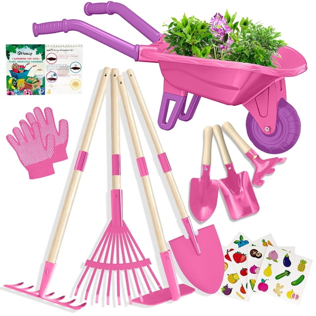 Juego de herramientas de jardinería para niños Qtioucp con carretilla rosa