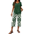 thumbnail image 2 of Women's Two Piece Outfit, Solid Sleeveless Crweneck Tank Top & Leaf Print Shorts Set, Casual Summer Vacation Beach Wear, 2 of 5