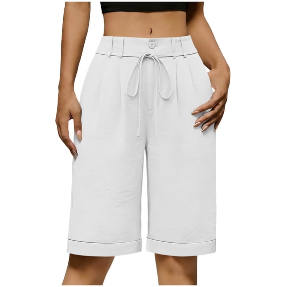 Lmueinov Women's Bermuda Shorts, High Waisted Pleated Dress Shorts with Drawstring, Casual Knee Length Summer Work Business Pants