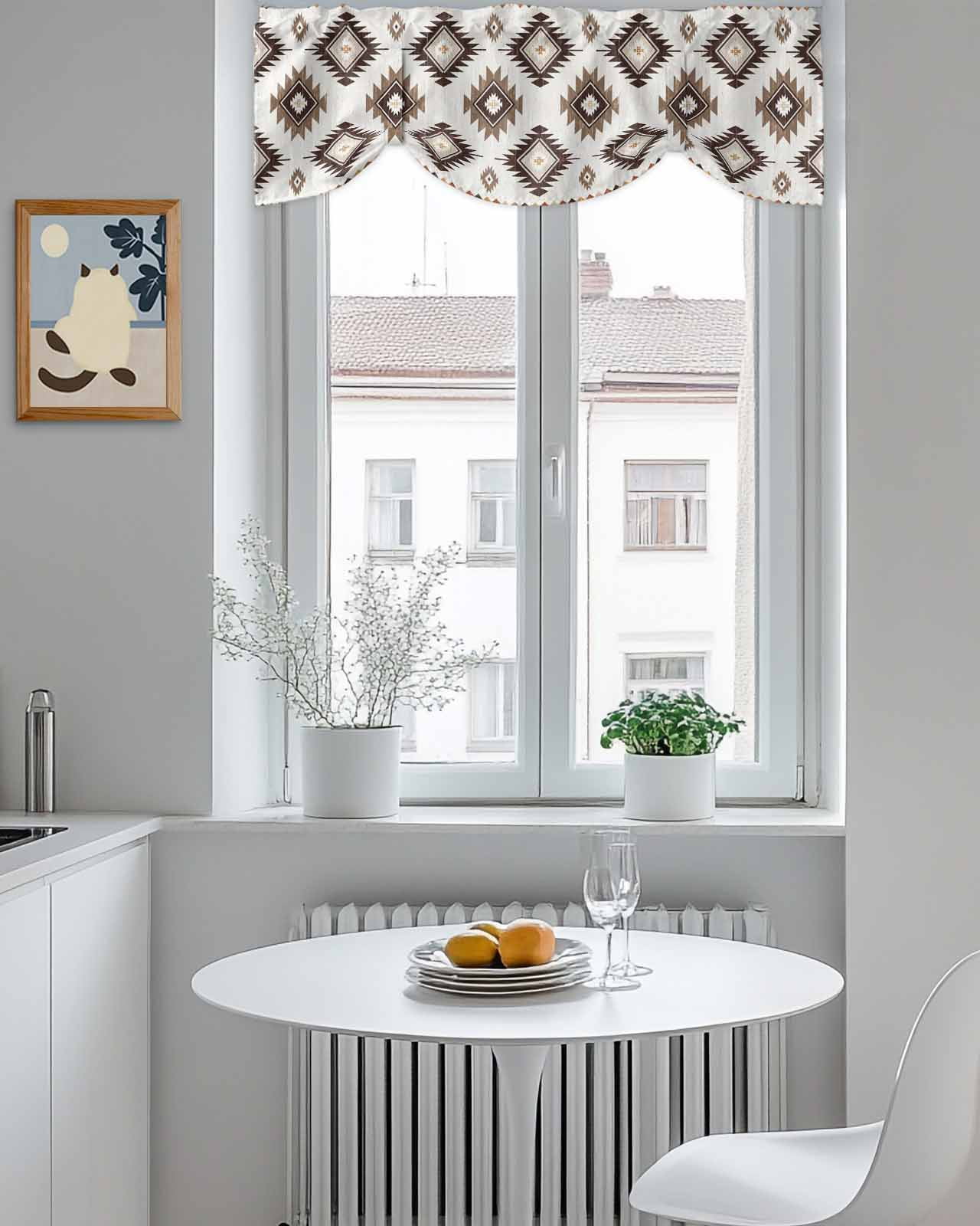 Khaki Brown Tie Up Valances Curtain, Adjustable Kitchen Aztec Ethnic Southwestern Native Geometric Valances for Windows Decor, Rod Pocket Short Curtains Set for Bedroom/Bathroom, 54"x18"