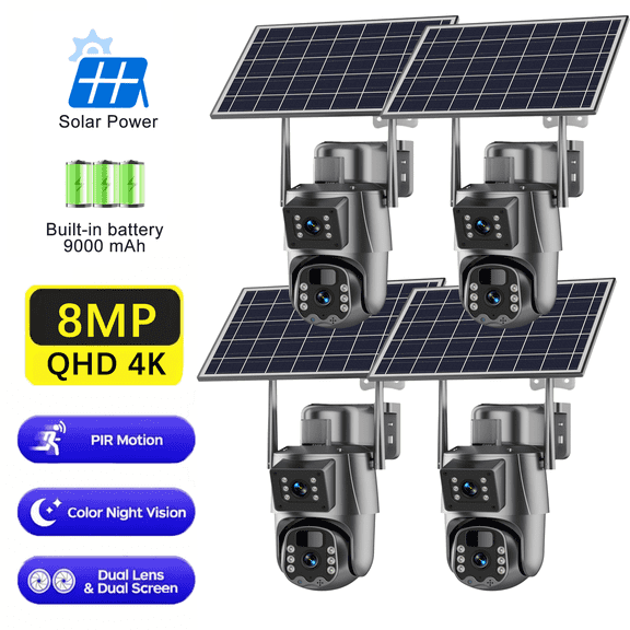 SANSCO 4K Dual Lens Solar Security Cameras Wireless Outdoor 4 Pack,2.4G & 5G WiFi,Solar Battery Powered Camera for Home Security with AI Motion Siren,Color Night Vision,Waterproof,SD/Cloud Storage