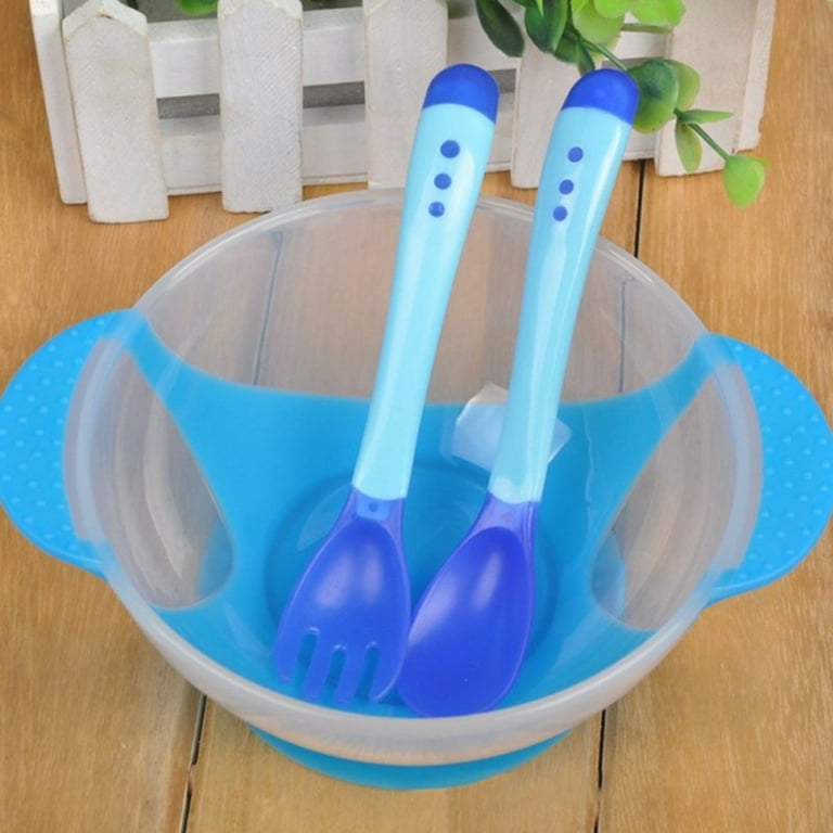 Baby Kids Feeding Suction Bowl Temperature Sensing Spoon Child Tableware Set, Yellow