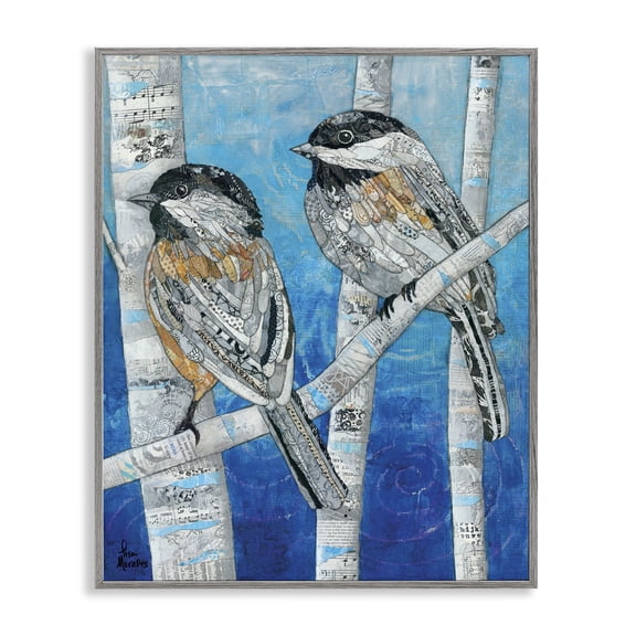 Stupell Industries Eclectic Chickadees Perched Layered Ephemera Animal Birds Collage Gray Framed Giclee Art, 11 x 14, by Lisa Morales