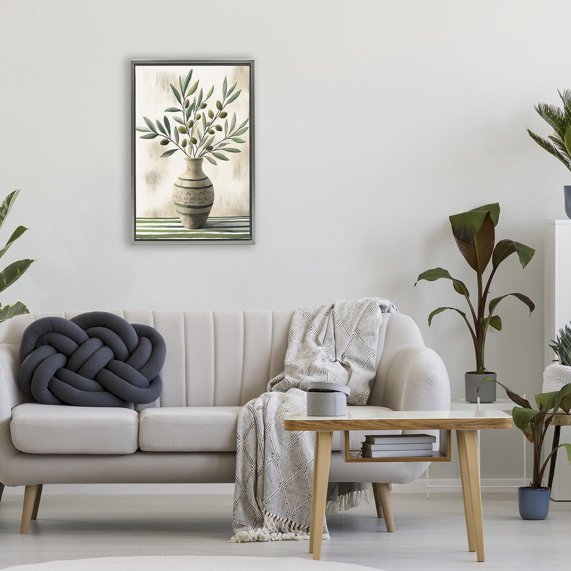 Stupell Industries Vase of Olive Branches Gray Framed Floater Canvas Wall Art, design by Creative Studio
