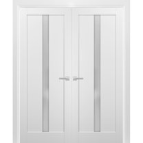 French Double Panel Lite Doors 56 x 84 with Hardware | Quadro 4112 White Silk with Frosted Opaque Glass | Panel Frame Trims | Bathroom Bedroom Interior Sturdy Door