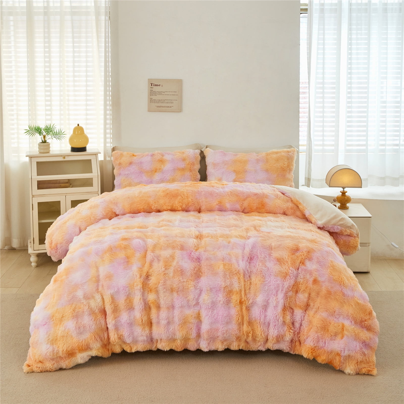 RYNGHIPY Faux Fur Comforter Set Twin for Girls 3Pcs Pink Orange Bubble Bedding Set Tie-Dye Fuzzy Plush Bed Comforter Set for Winter