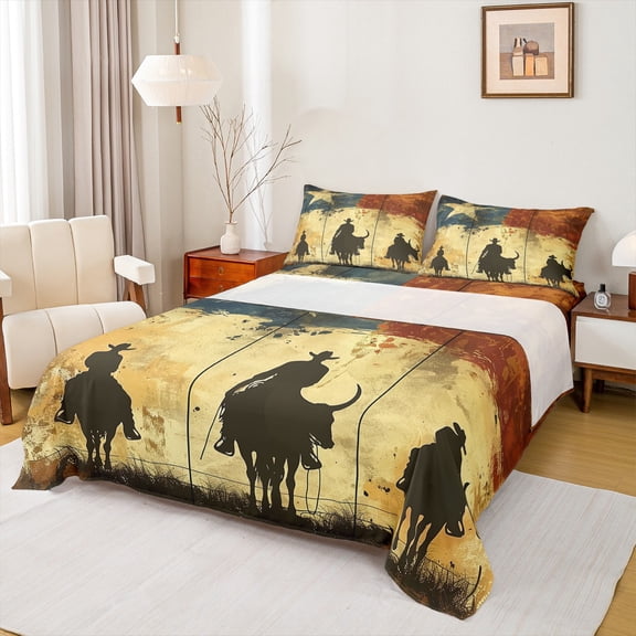 Castle Fairy Western Cowboy 3pcs Twin Sheet Sets,Graffiti Splash Twin Fitted Sheet,USA Flag Breathable Flat Sheet,Ultra Soft Rustic Home Decor