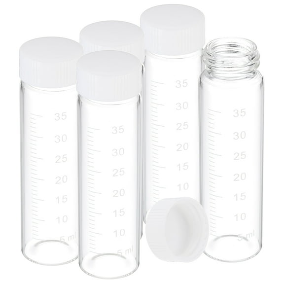 Uxcell Small Glass Sample Bottles with Lids, 5 pcs 40ml Clear Glass Vials with White Screw Caps Mini Leak Proof Reagent Sealed Bottles with Scale for Solid Liquid Powder Storage