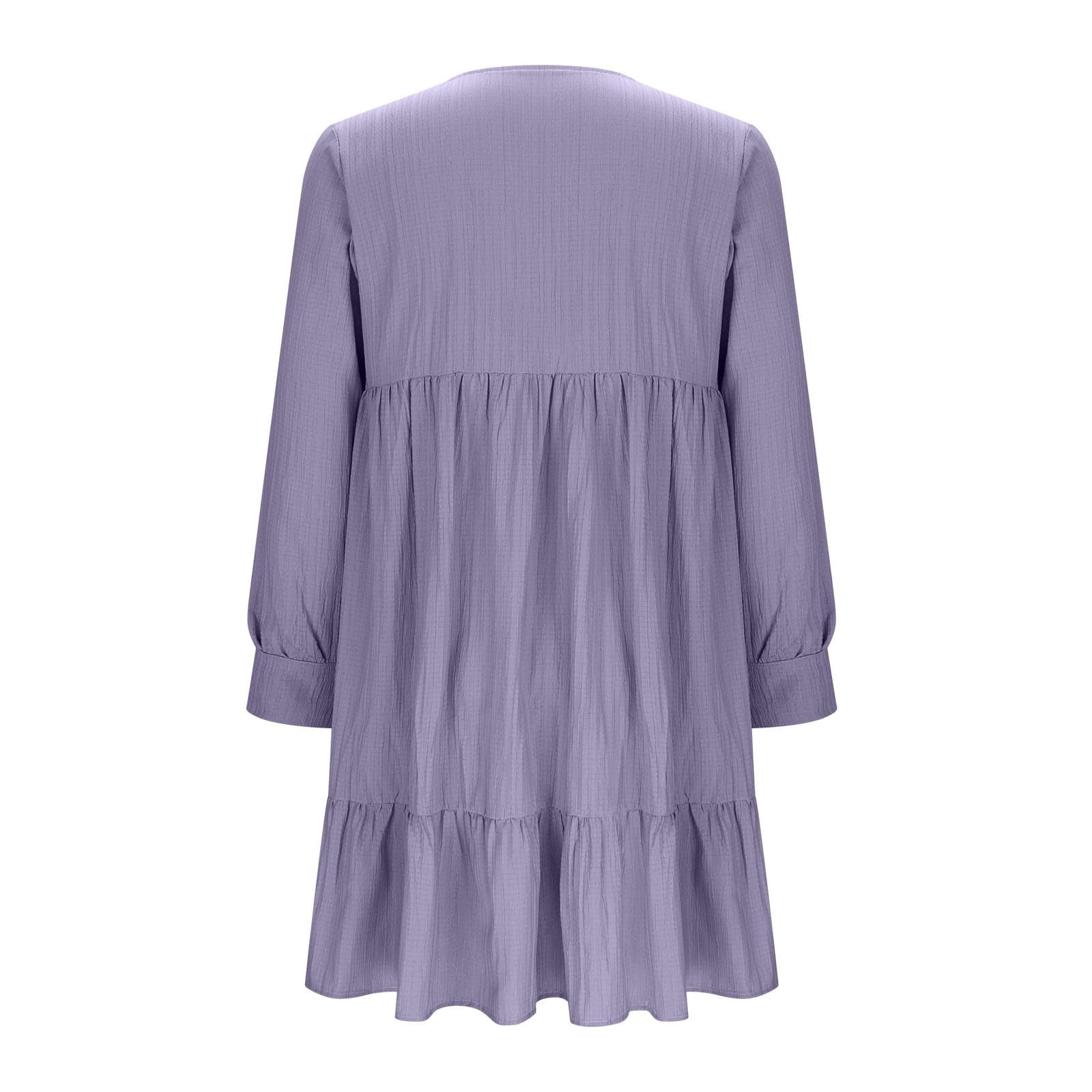 Women's V Neck Long Sleeve Tiered Dress, High Waist Ruffle Hem Crinkled Dress, Casual Loose Flowy Midi Dress for Daily Party Fall Wear 05-Light Purple S