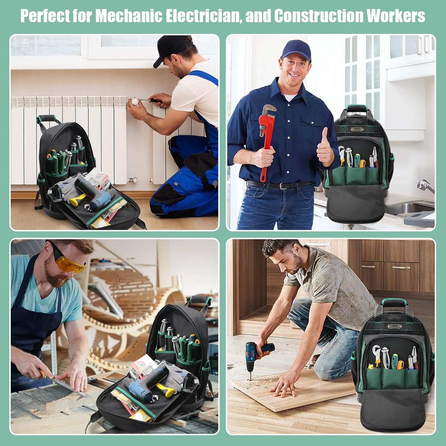 Tool Backpack Heavy Duty with Hard Bottom, Tool Backpack for Men, Electrician Bag, 15 Pockets, Waterproof Construction Backpack for HVAC, Mechanics, and Jobsite