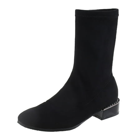

Qufokar Rain Boots for Women Mid Calf Mukluk Boots Women Mid Height Fashion Women Flock Solid Color Autumn Thick Sole Square Heels Slip On Mid Booties Round Toe Shoes