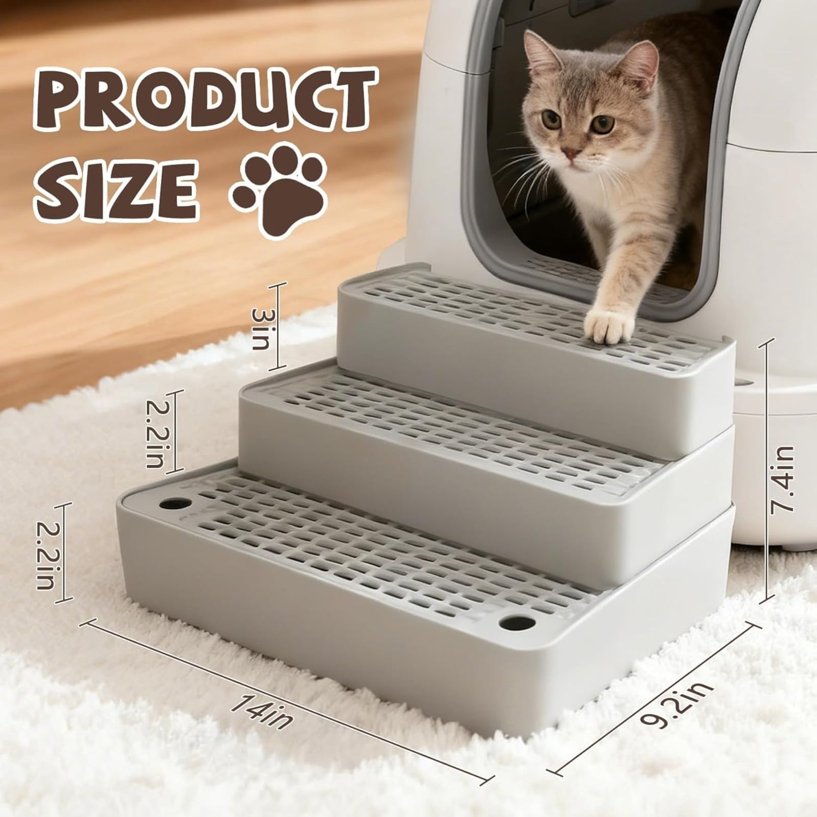 Adjustable Litter Box Step Ramp, 3-Step Litter Catcher Tray, for Auto Litter Robots, Easy Clean, for Kittens and Senior Cats