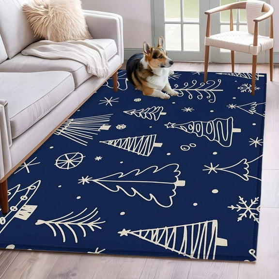 Christmas Trees Area Rug 3x5 Washable Rug Non Slip Winter Snowflakes Xmas Navy Blue Large Area Rug Indoor Floor Carpet for Entryway Bedroom Kitchen Living Room Home Office Dining Room Nursery