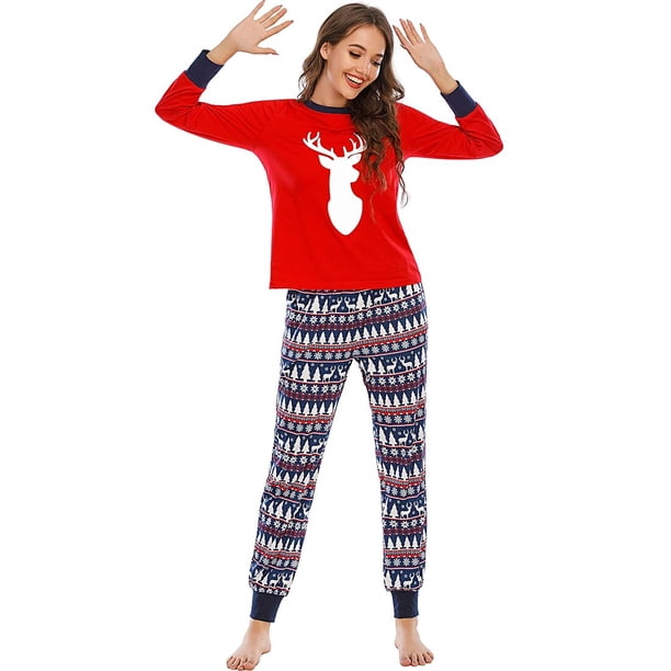Pijama de Navidad con estampado de alce rojo para el hogar, ropa de casa familiar con estampado de dibujos animados, novedad