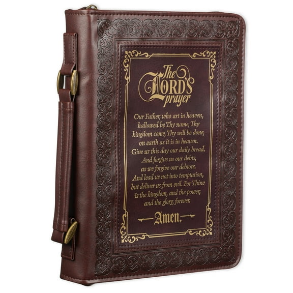 Christian Art Gifts Classic Bible & Book Cover for Men & Women: The Lord's Prayer - Matthew 6:9-13 Sturdy Inspirational Scripture Carry Case Accessory w/Pockets, Walnut Brown & Burgundy w/Gold, Med