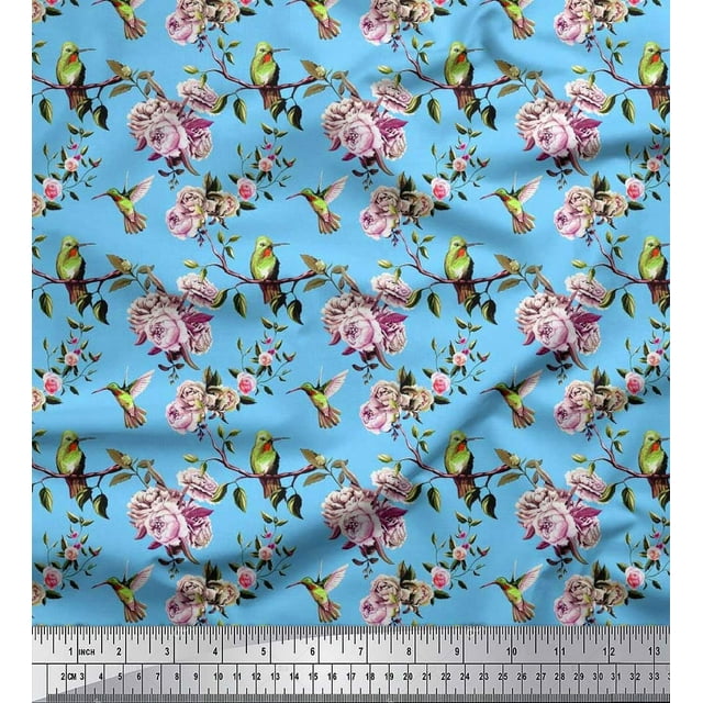 Soimoi polyester Crepe Fabric Hummingbird,Leaves & Rose Floral Decor Fabric Printed Yard 52 Inch Wide