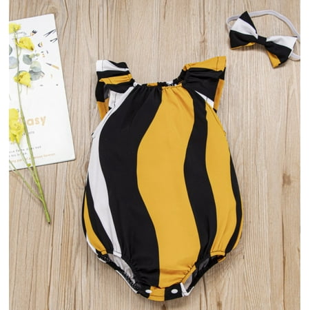 

Caitzr Baby Girls Geometric Printing Off Shoulder Fly Sleeve Romper Bow Headwear