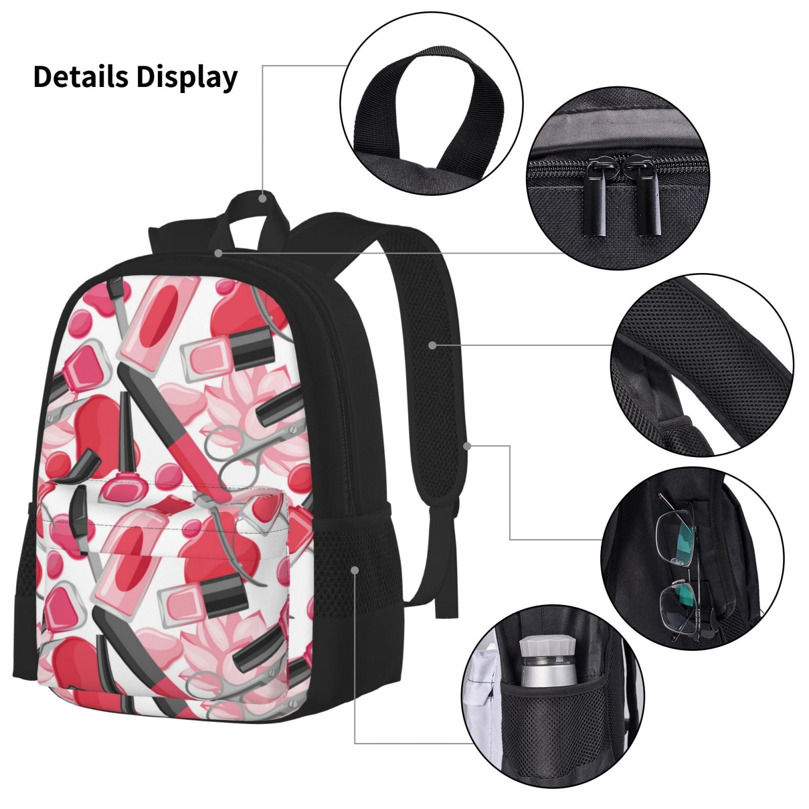Naloa Makeup Print Large Capacity Backpack Lunch Bag Pencil Case Combination 3 Piece Set for Student