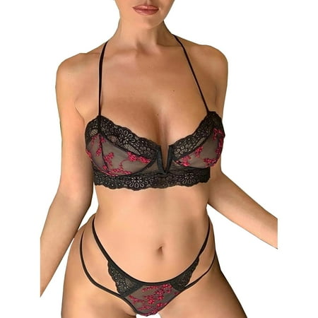 

EUHDSSDE Follure Women s See-through Mesh Embroidery Bra Underwear Lace Stitching Lingerie Two-piece Suit
