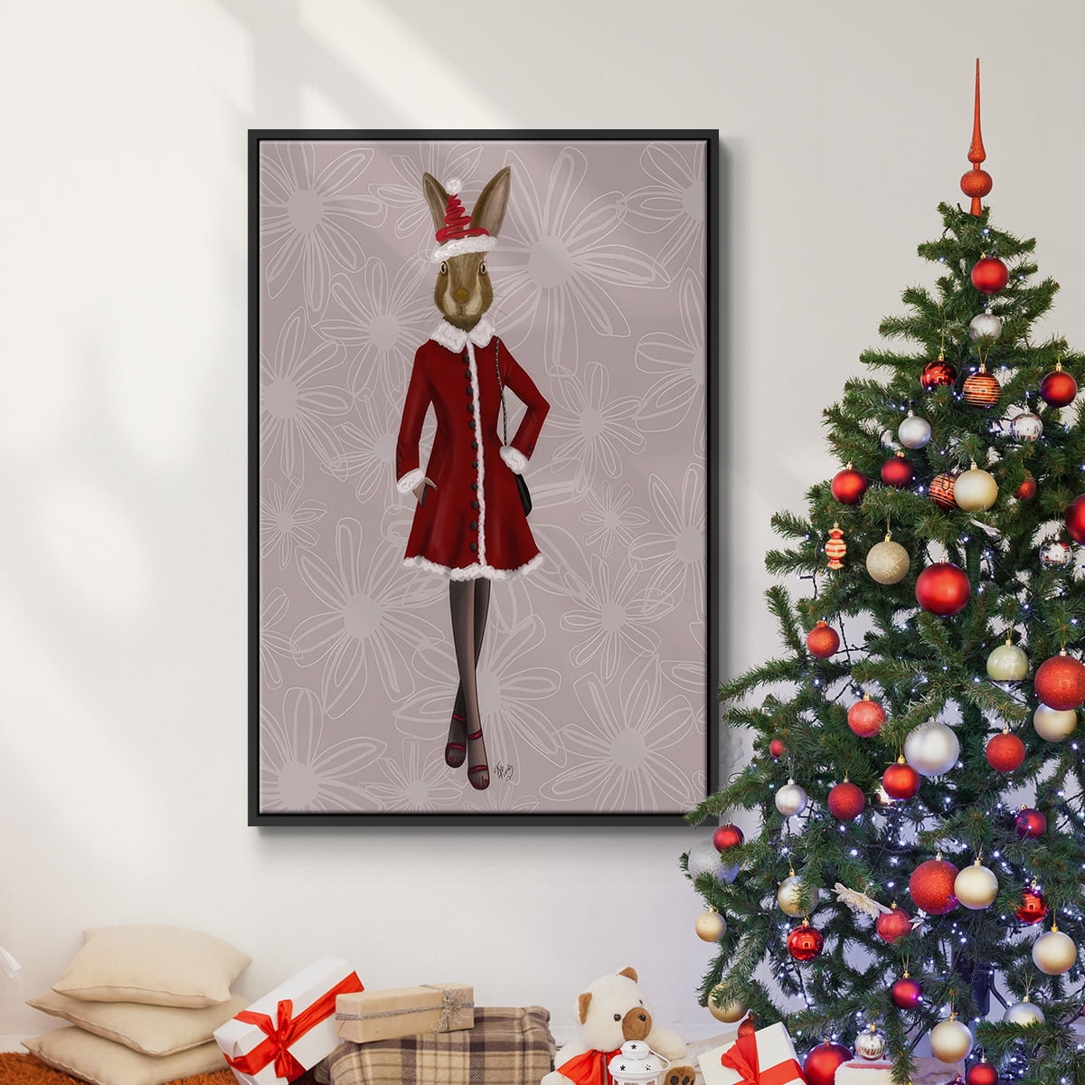 Christmas Christmas Fashion Bunny - Framed Gallery Wrapped Holiday Canvas - 25 x 37 - Black Frame