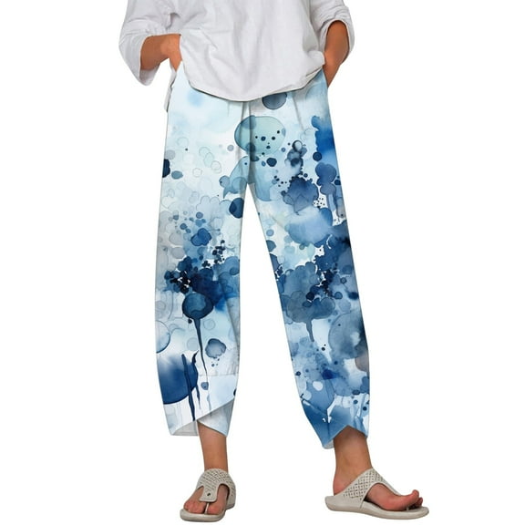 Womens Shorts Casual Capris Pants Summer Printed Cotton Pants Loose Pants Summer Flowy Shorts with Pockets S-2XL