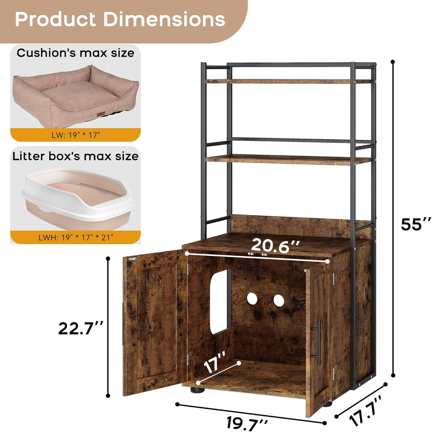 GAOMON Cat Litter Box Enclosure with Shelf Storage, Enclosed Cat Cabinet with Bookshelf, Privacy Cat Furniture, Reduces Odor & Mess, Brown